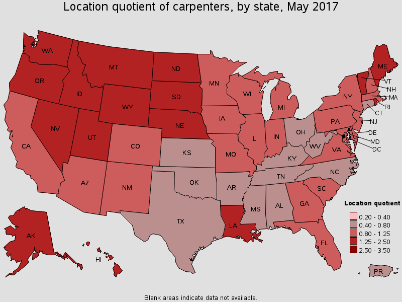 Concentration of Carpenters Per State